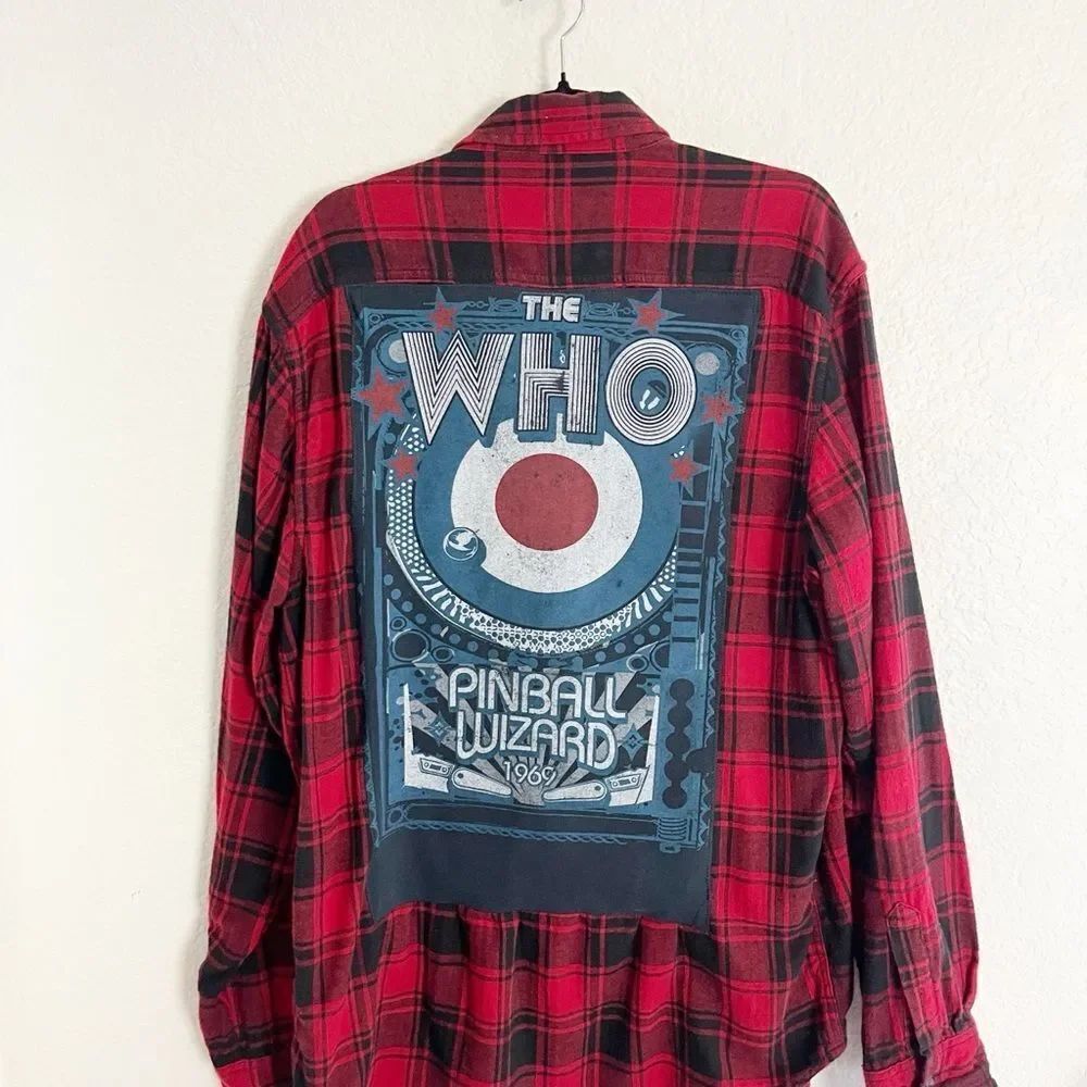 The Who, Johnny Cash, and other bands upcycled on Flannel shirts various sizes
